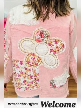 POL Pink Floral Patchwork Jacket with Appliqué Flower. Size Large